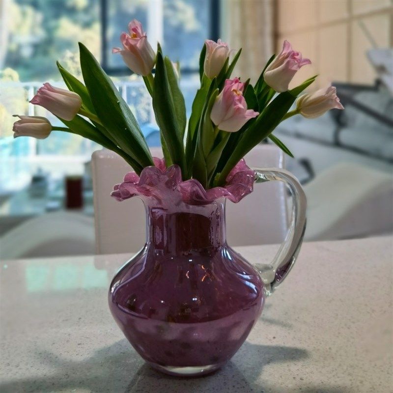 复古芬顿手工单耳褶皱花边壶口气泡金粉色琉璃花瓶水养插花器摆件,家居饰品,花瓶,淘宝优惠券,粉丝福利购,淘宝优惠卷