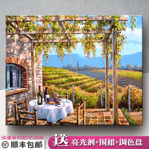 爆款数字油画diy风景藤蔓田园减压手工绘填色客厅装饰丙烯油彩画