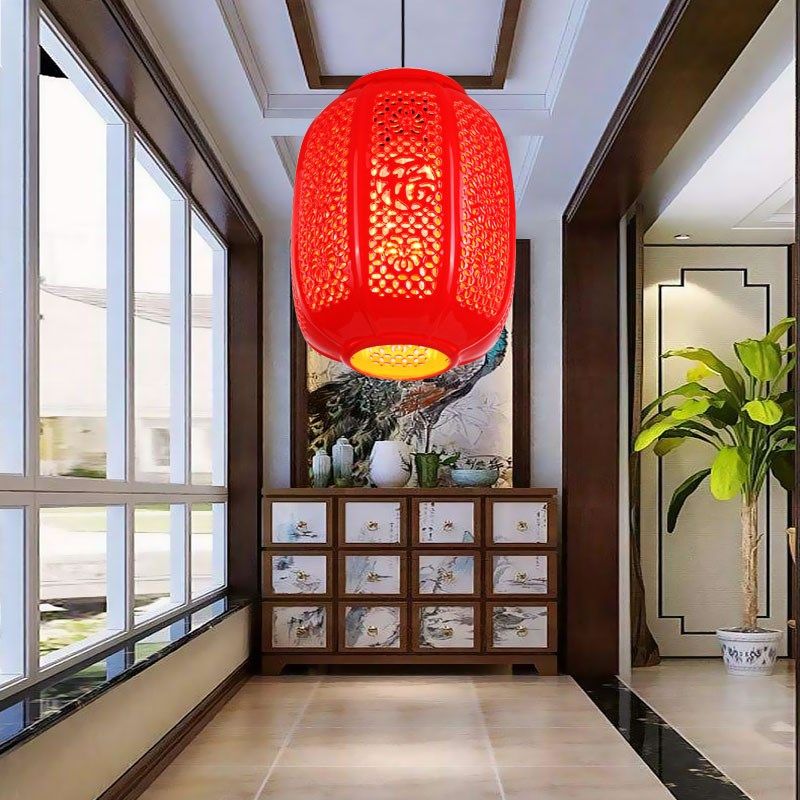新中式陶瓷阳台灯笼吊灯红色新年乔迁过道走廊玄关入户茶楼LED灯,家装灯饰光源,客厅吊灯,淘宝优惠券,粉丝福利购,淘宝优惠卷
