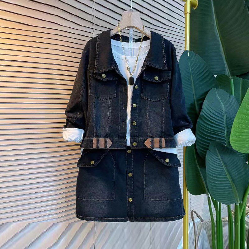 大码女装翻领牛仔外套宽松短裙时尚两件套加肥净版长袖打底T恤衫,女装/女士精品,大码套装,淘宝优惠券,粉丝福利购,淘宝优惠卷