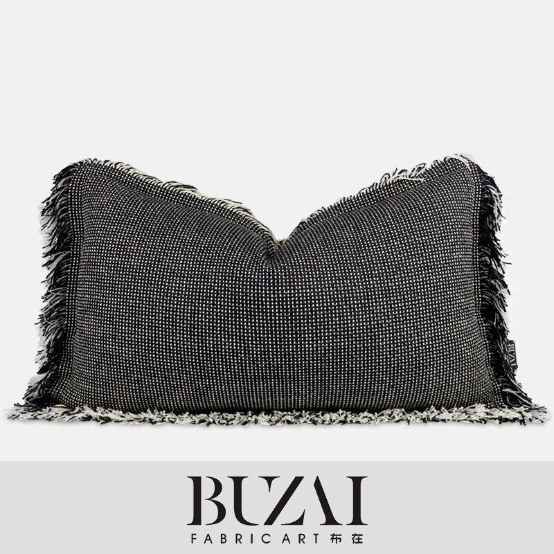 布在布艺流苏靠枕飘窗长方形抱枕套深灰色棉麻腰枕客厅沙发靠垫