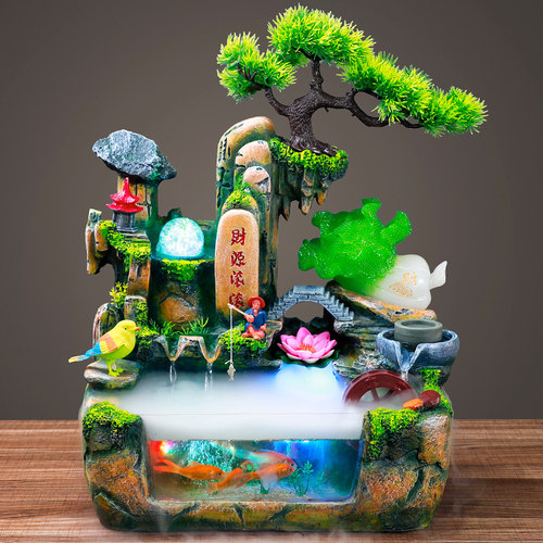 创意假山鱼缸客厅小型桌面摆件金鱼缸高山流水生财生态鱼缸水族箱