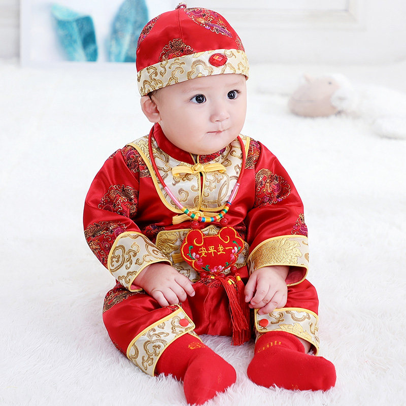 宝宝唐装抓周男女新中式连体百日满月生日礼服秋冬抓周套装0到1岁