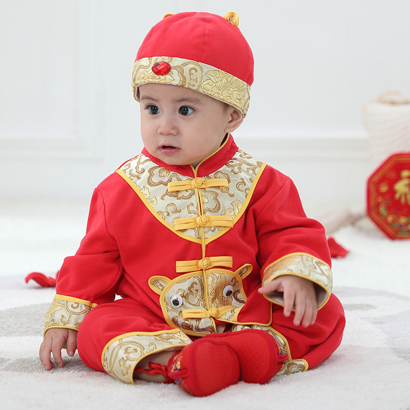 儿童唐装抓周拜年红礼服春秋男女宝宝一周岁百天满月生日中式古风