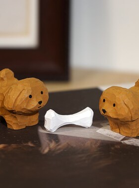 中大奖的泰迪手工木雕小摆件迷你可爱动物狗狗办公桌面装饰品