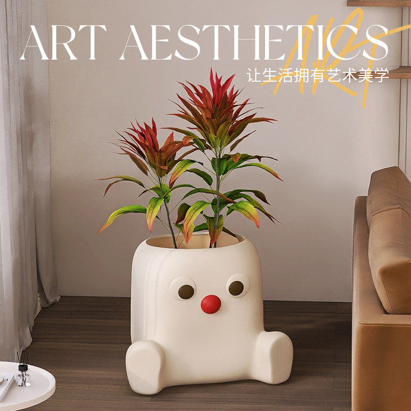 落地方型花盆大号托盘创意陶瓷家用奶油风摆件电视柜旁边仿真绿植