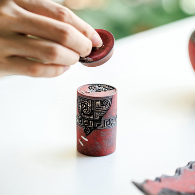 拓土创意粗陶摆件茶壶盖托零配件纯手工复古粉引胭脂红饕餮纹盖置