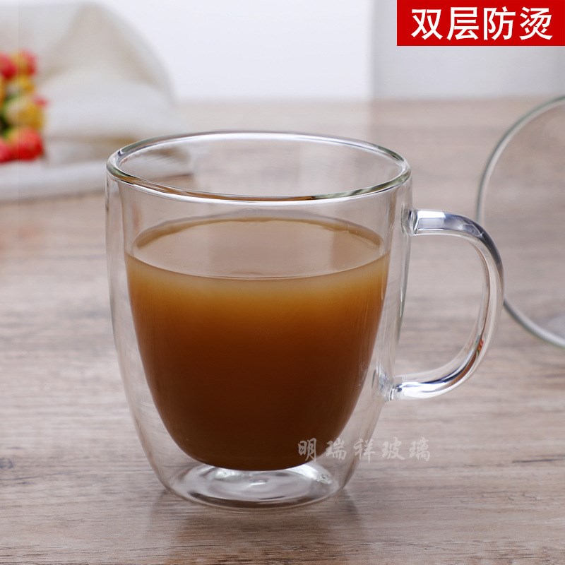 透明玻璃双层杯咖啡杯早餐牛奶杯带把不烫手