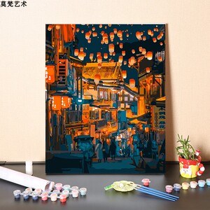 数字油画diy手工填充古代华灯夜市夜景风景画手绘涂色丙烯油彩画