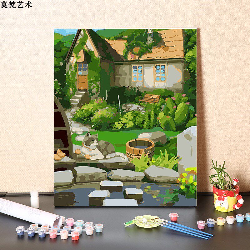 数字油画diy填充梦幻家园手工小桥流水人家填色风景油彩丙烯画画