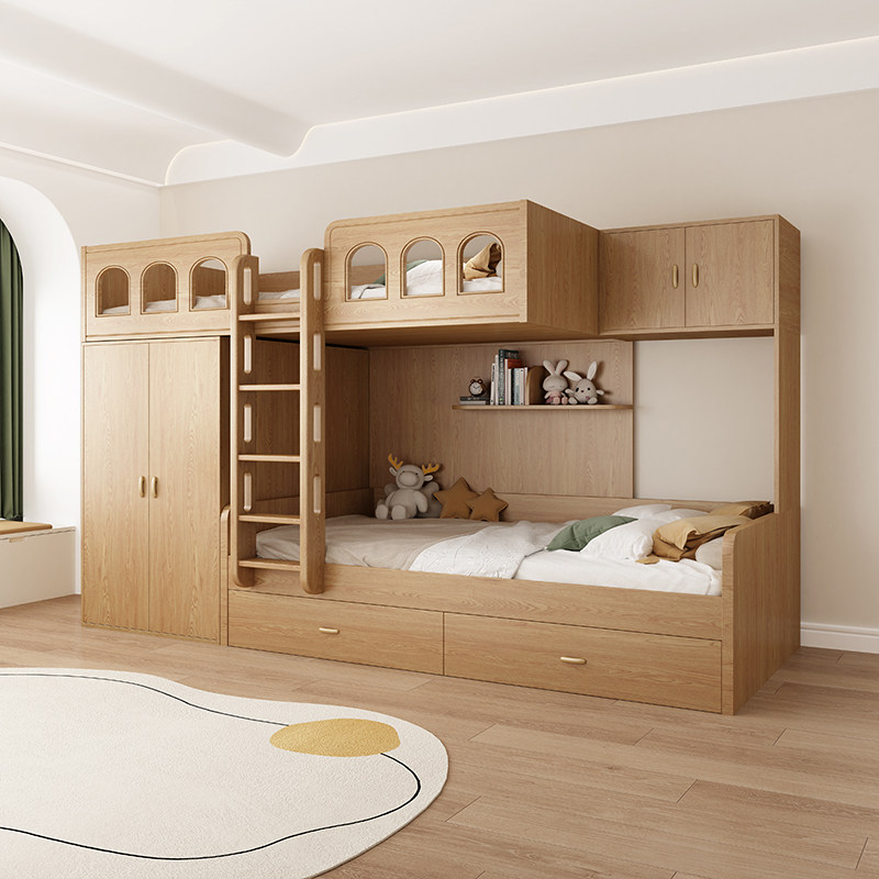 实木交错式儿童上下床带衣柜小户型高低错位子母双层床上下铺木床,住宅家具,高低/子母床,淘宝优惠券,粉丝福利购,淘宝优惠卷