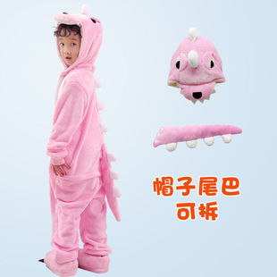 儿童卡通连体睡衣恐龙秋冬季版亲子动物宝宝男女法兰绒家居服拆帽