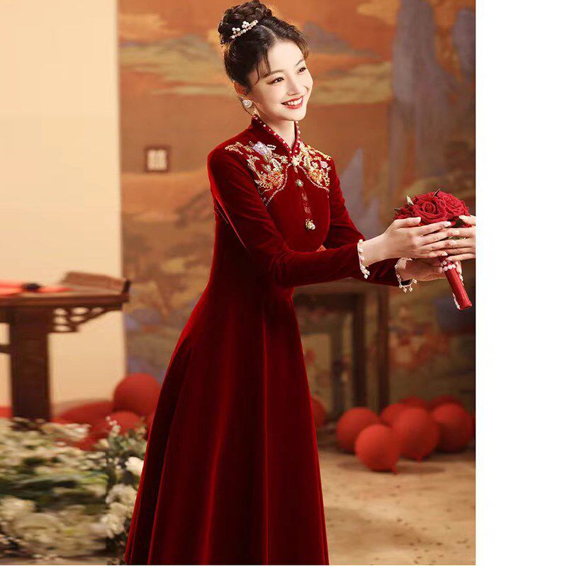 大码胖mm孕妇新中式订婚服改良旗袍敬酒服新娘高腰遮肚子结婚礼服