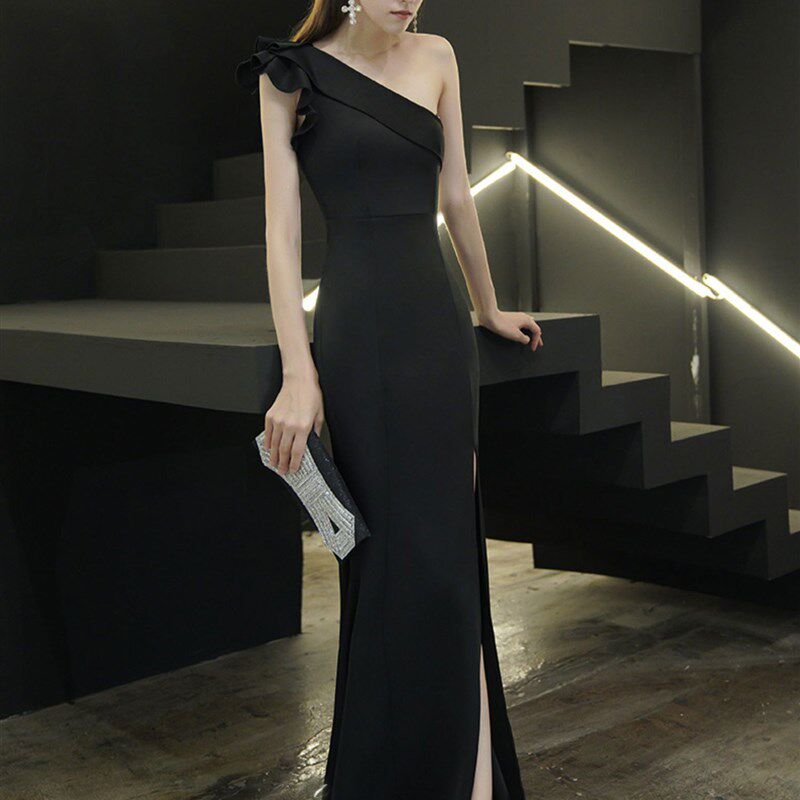 黑色单肩晚礼服裙女平时可穿鱼尾高端气质生日宴会主持人开叉礼服