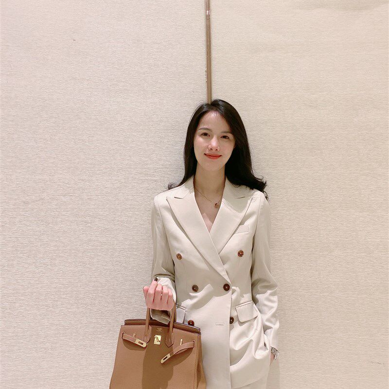 新款米色双排扣修身西装套装女主持工作服