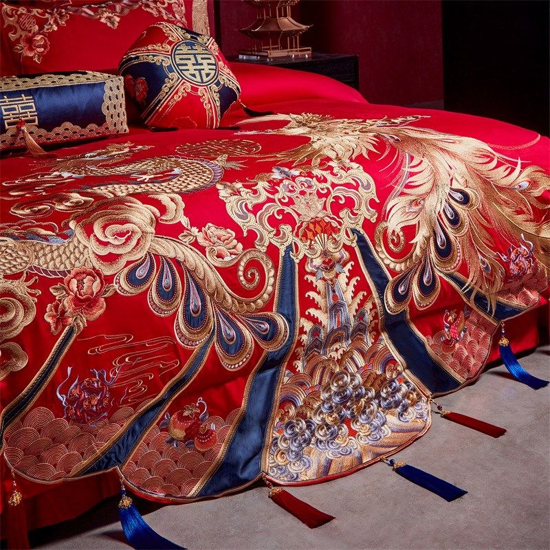新婚庆四件套长绒棉高级绣花红色全纯棉贡缎喜被套婚房床品十件套,床上用品,婚庆床品套件,淘宝优惠券,粉丝福利购,淘宝优惠卷