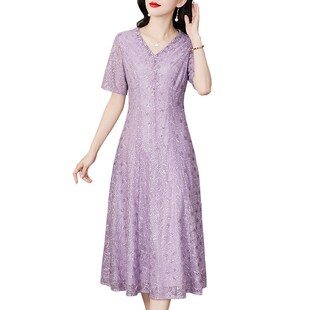香妮芬紫色淑女温柔风中年妈妈气质连衣裙女2025新款夏季短袖裙子