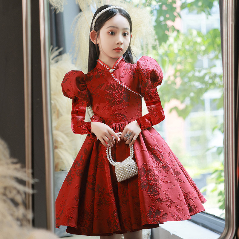 女童红色礼服小主持人生日公主裙高级感演出服儿童国风旗袍高贵女