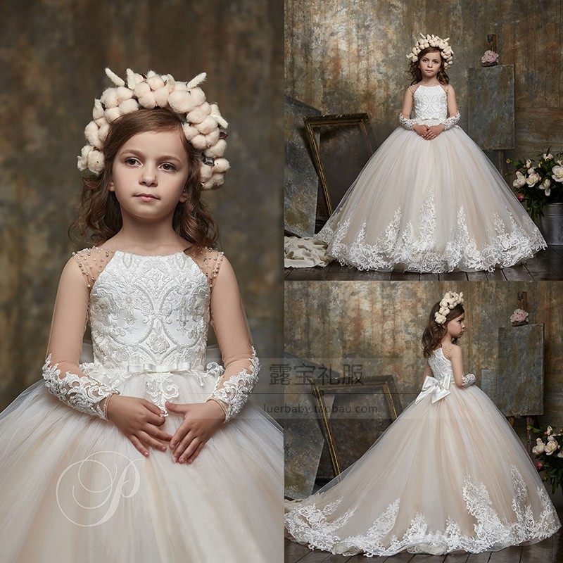 白色花童礼服蓬蓬纱公主裙女童婚纱走秀儿童生日长袖主持人演出服