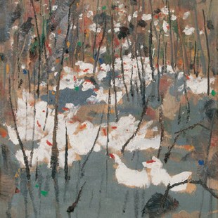 吴冠中油画鸭塘手绘临摹复制品新中式风景山水画客厅手工装饰画