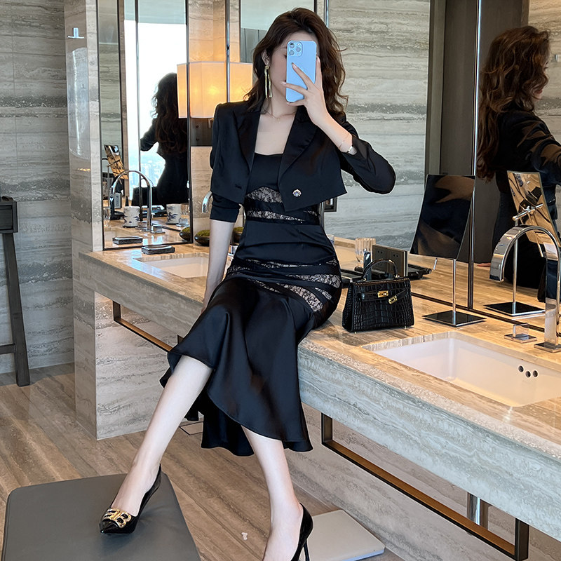 职业西装鱼尾裙套装冬季穿搭高级感时尚气质名媛风黑色两件套女装