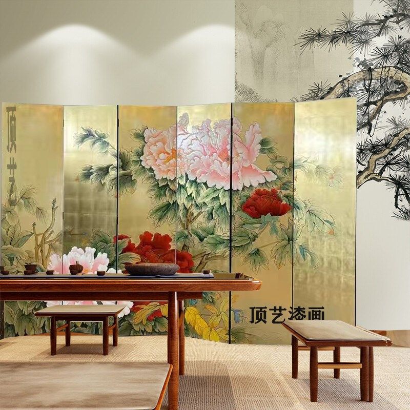 手绘日式金箔漆画屏风手绘牡丹隔断折叠背景九鱼图屏风可移动可定