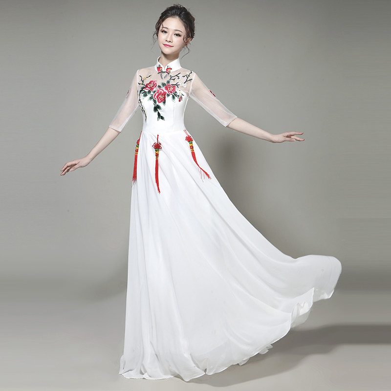 汐沚新款显瘦大气年会主持人礼服女中老年红歌大合唱演出服长款裙