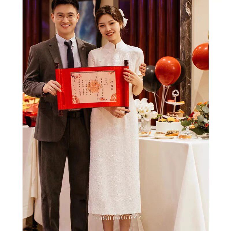 旗袍敬酒服新娘小个子白色订婚连衣裙领证登记小礼服女平时可穿夏