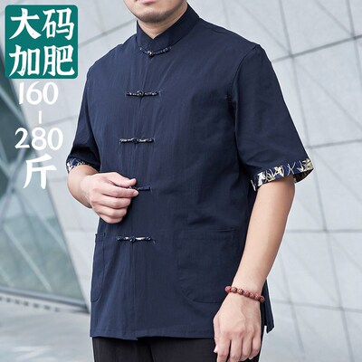 大码唐装男夏季薄款短袖加大加肥宽松胖哥中国风男装中式盘扣衬衫