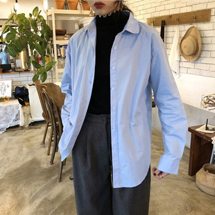 百思朵天蓝色衬衫春女叠穿淡蓝色上衣纯棉长袖奶蓝色衬衣宽松外套