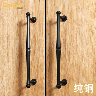 黑色铜拉手纯铜柜门把手衣柜门拉手柜子厨门圆头T型黄铜美式抽屉