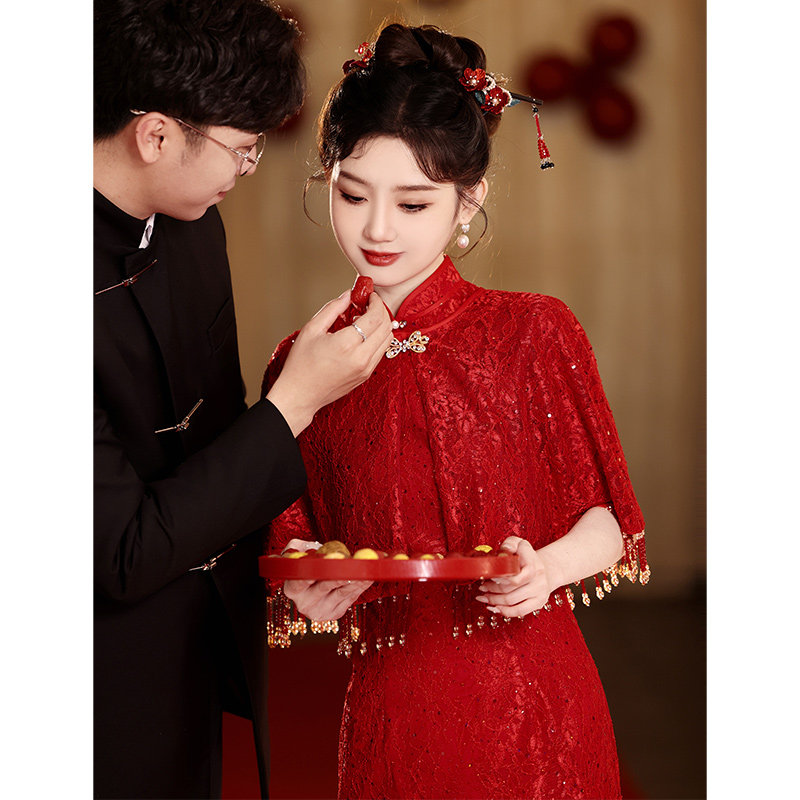 中式旗袍结婚酒红色敬酒服新娘披肩订婚礼服小个子连衣裙平时可穿