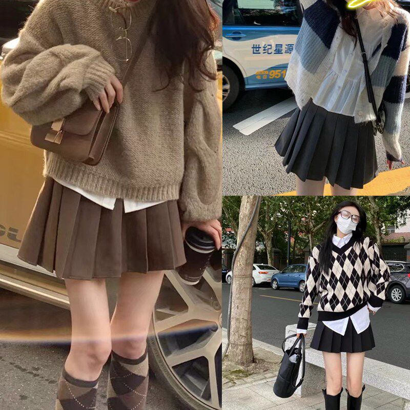 大码咖色百褶裙女秋冬季高腰包臀a字半身裙胖mm百搭显瘦灰色短裙