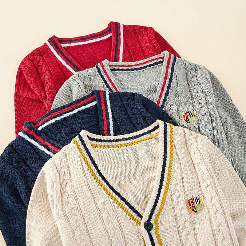 儿童针织开衫薄款毛衣扣子纯棉毛线宝宝小学生学院风男童春秋款女