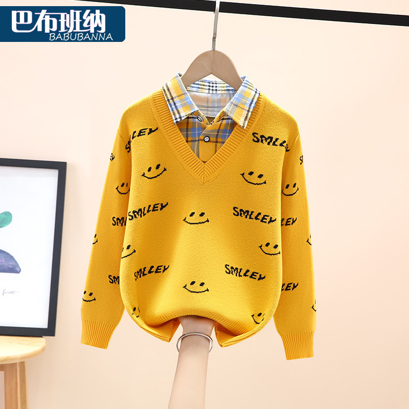 男童毛衣冬季2023新款儿童秋冬线衣大童纯棉男孩假两件童装针织衫