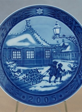 西洋收藏丹麦哥本哈根1989-2008蓝色圣诞主题盘生日盘摆件送支架