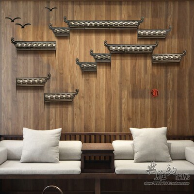 中式树脂挂件酒店大厅墙壁装饰壁画沙发背景墙框装饰品徽派屋檐