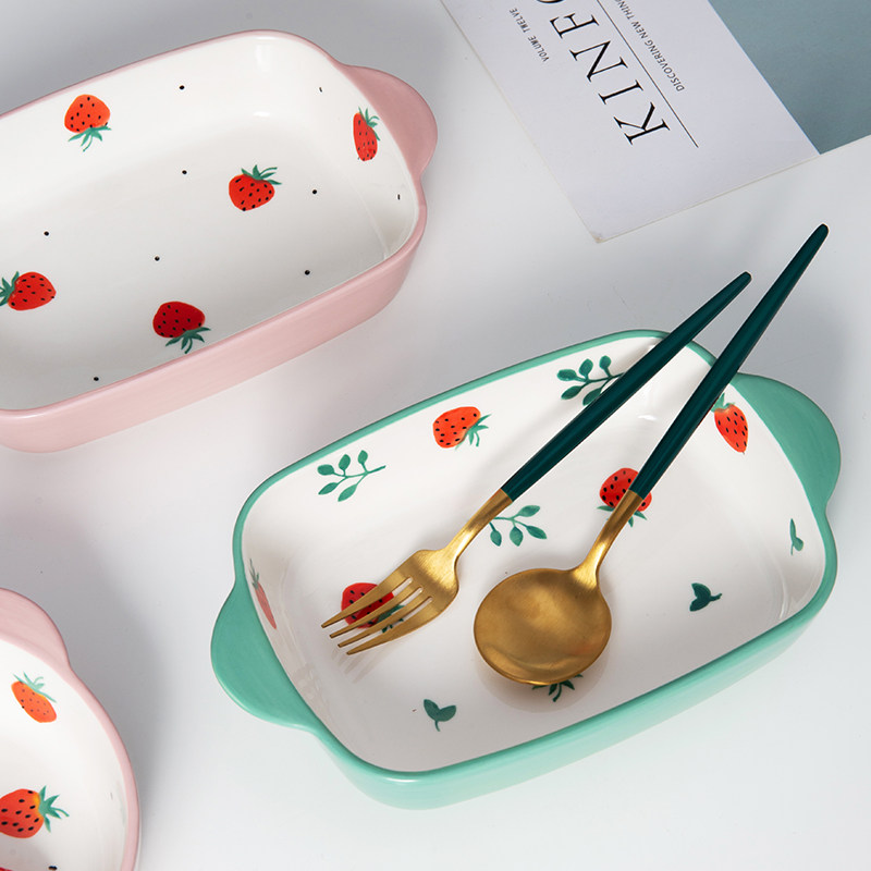 米立风物陶瓷烤盘焗饭盘烤箱可用长方形草莓双耳盘家用烘焙烤碗盘