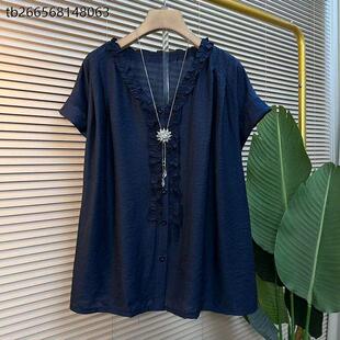 加肥女V领荷叶边短袖小衫胖妹妹纯色简约宽松遮肚子百搭休闲上衣