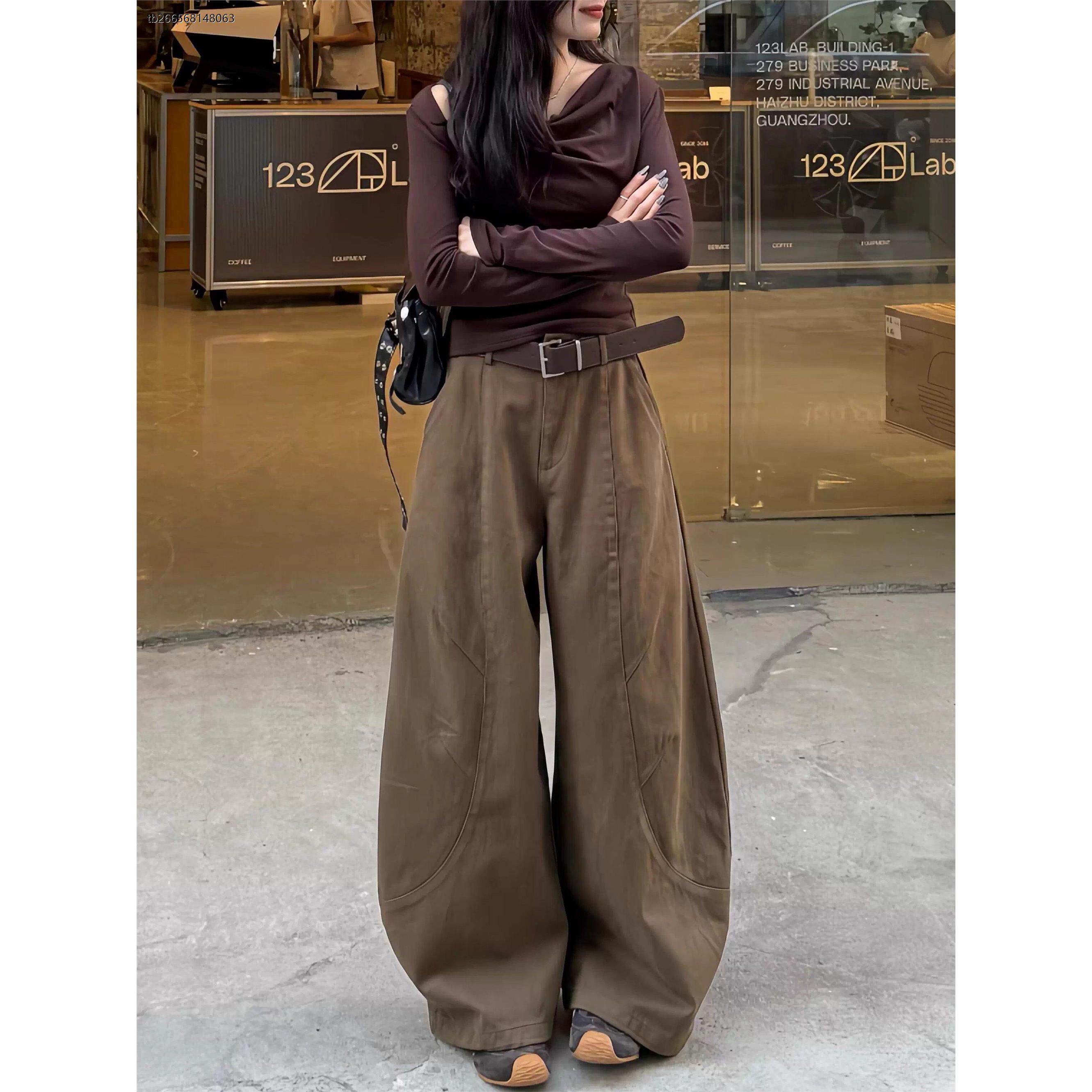 美拉德咖色弯刀阔腿牛仔裤女小个子高腰宽松bf慵懒风休闲拖地裤子