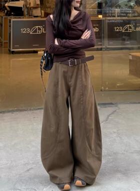 美拉德咖色弯刀阔腿牛仔裤女小个子高腰宽松bf慵懒风休闲拖地裤子