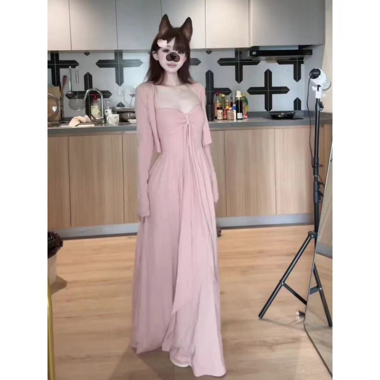 套装女2025早秋新款纯欲风粉色抹胸吊带连衣裙收腰显瘦长裙开衫潮