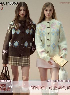 SunsetPark日落公园 复古 温暖蝴蝶结费尔岛 牛角扣少女毛织外套