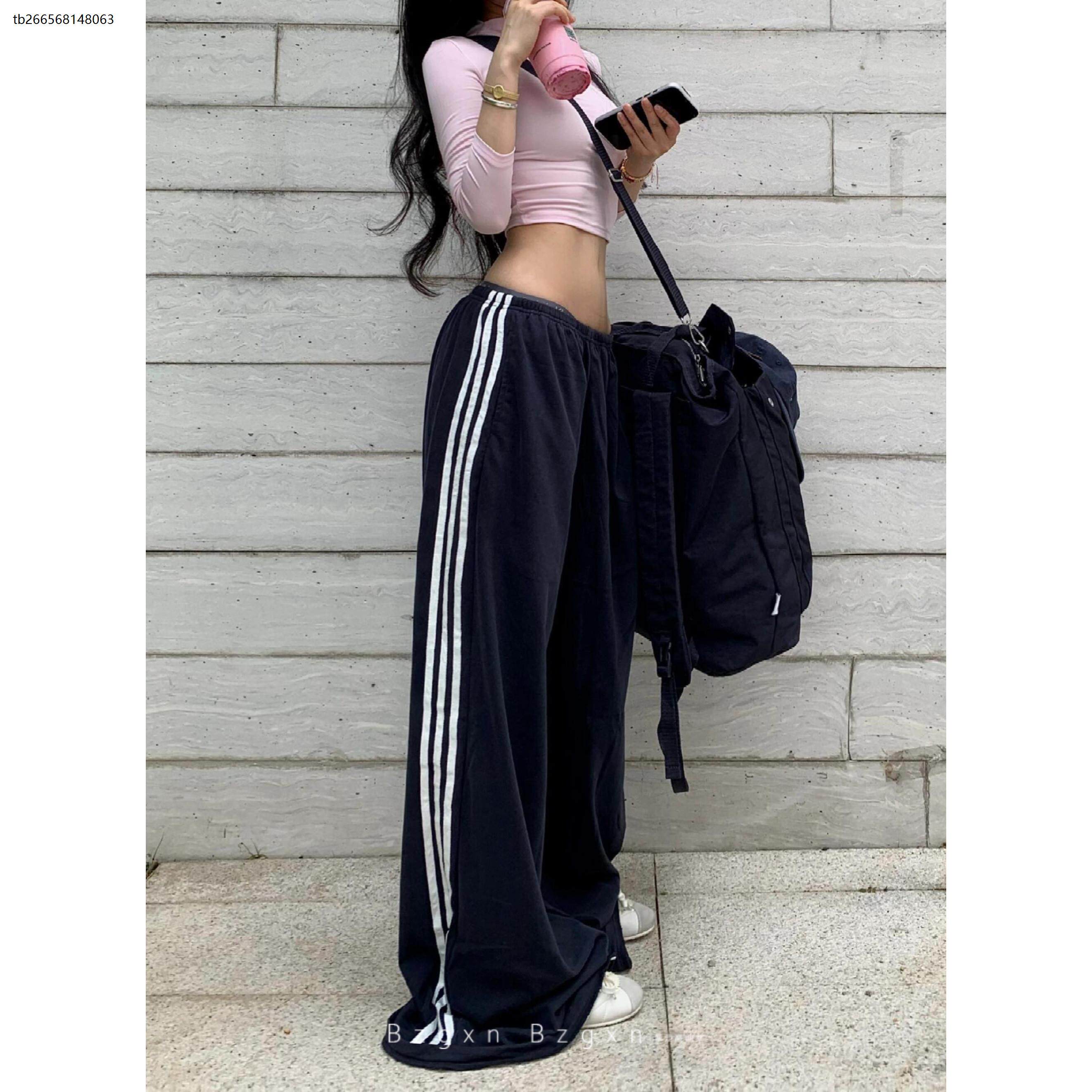 暴走高仙女高个子藏青色阔腿裤设计感三条杠宽松慵懒风直筒休闲