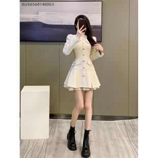 小香风富家千金粗花呢连衣裙女秋冬装新款高冷御姐风白色温柔裙子