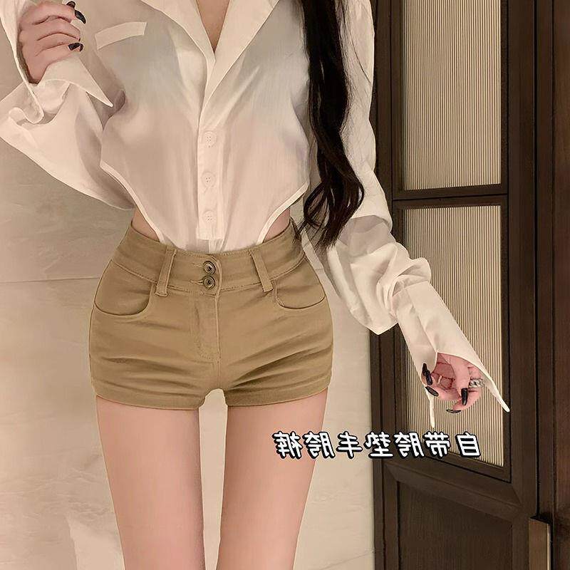 卡其色高腰丰胯牛仔短裤女小个子春季修身夏季辣妹热裤包臀裤子xs