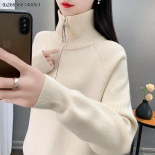 设计感高翻领女士2025秋冬季新款加厚长袖套头半拉链针织毛衣外套
