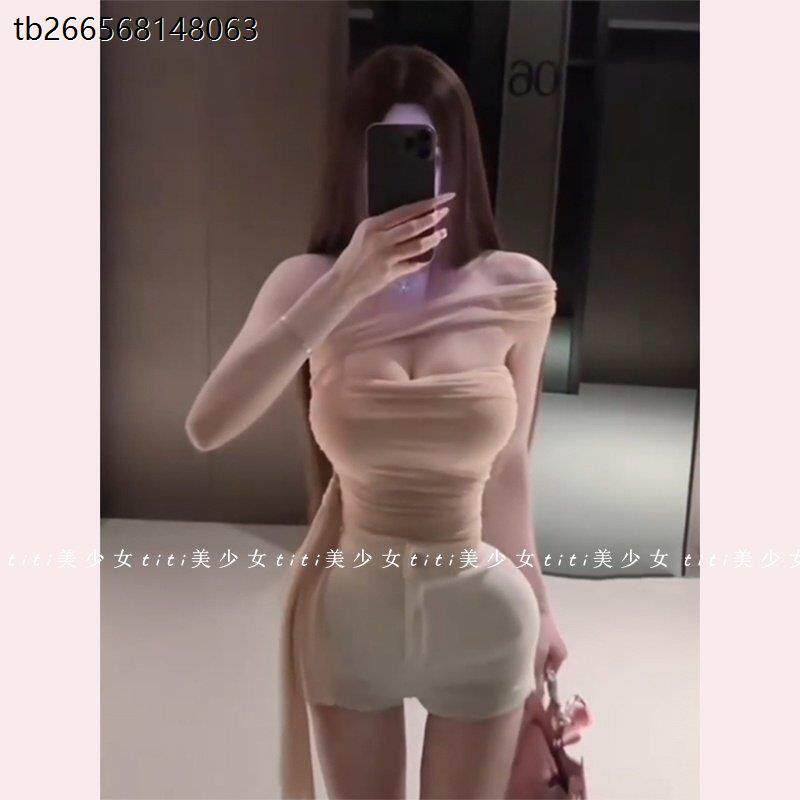 【】纯欲一字领褶皱粉色短袖T恤女夏短款露肩网纱上衣