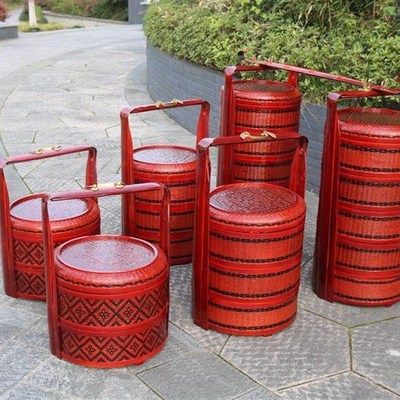 手工竹编竹制品喜事食盒提篮挑担喜事篮婚庆篮聘礼篮多层复古竹篮