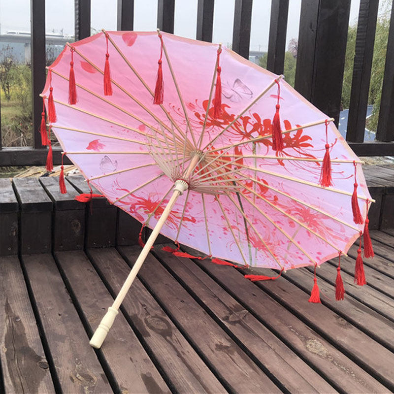 彼岸花汉服花伞油纸伞防雨实用古装女流苏纱伞古风拍照道具大红伞